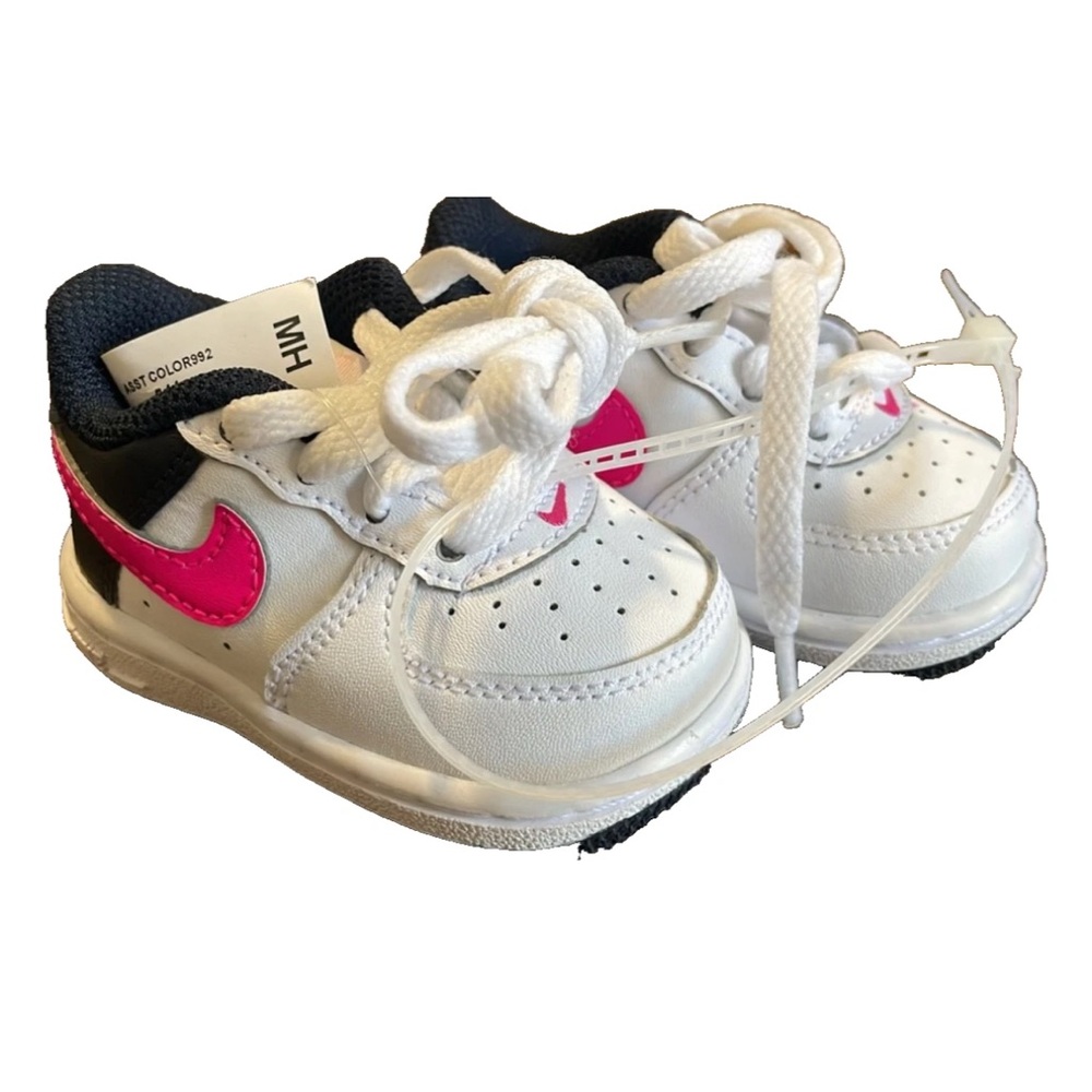 Infant Nike Force 1 White and Black Sneakers with Pink Swoosh